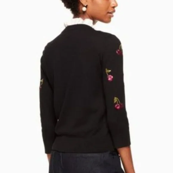 Kate Spade Sequin Cherries Black Cardigan Sweater Size L - Picture 2 of 16